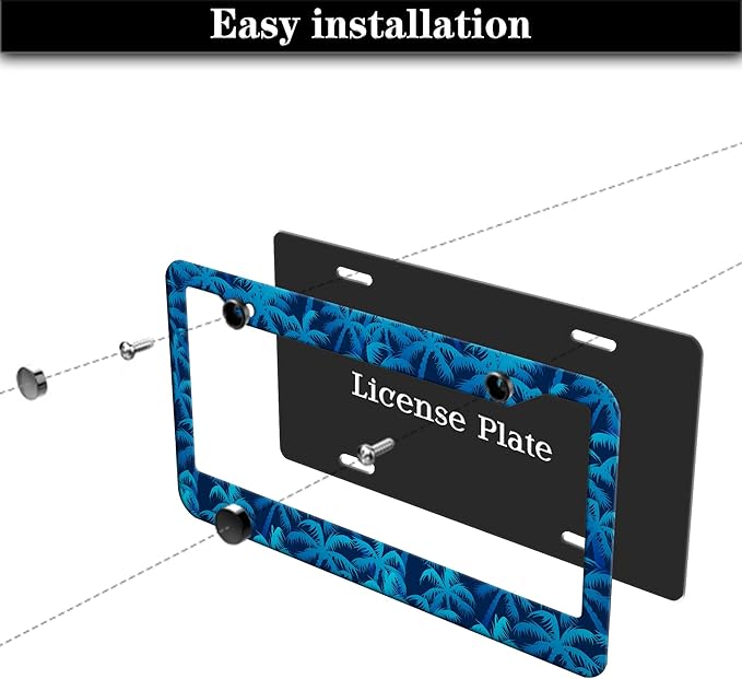 License Plate Frame Blue License Plate Frames Tropical Blue Palm Trees Aluminum Metal Car Accessory 2 Pack with Screw Covers Set