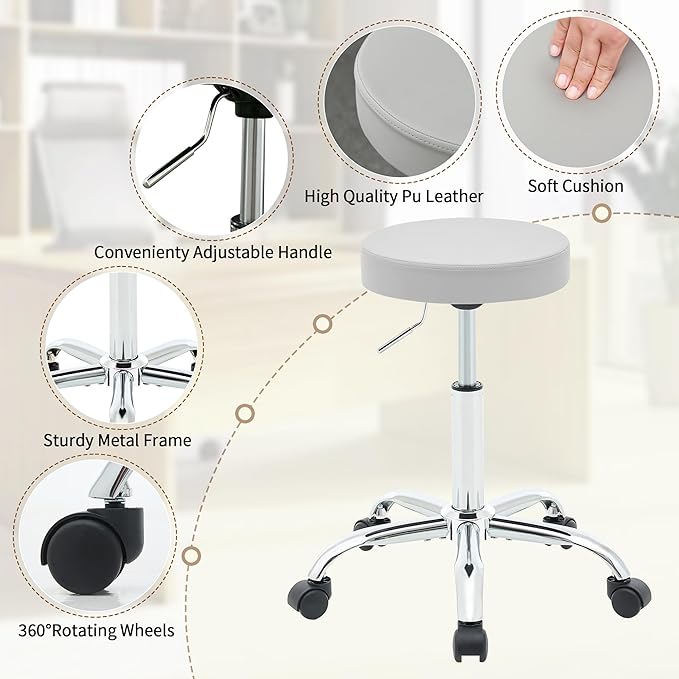Rolling Stool Adjustable Height 19.5’’-26.6’’,Tattoo Chair for Artist, Gray Stool for Hairstylist (Gray)