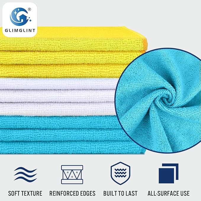GLIMGLINT Microfiber Cleaning Cloth, 12 Pack Cleaning Rags, Cleaning Towels with 3 Color Assorted, 14"X12"(Yellow/White/Blue)