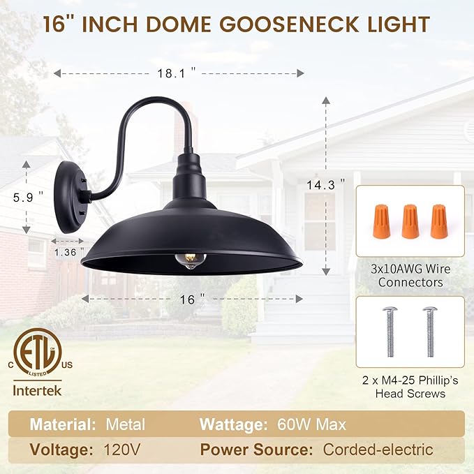 16 Inch Dome Barn Light for Porch, Large Gooseneck Outdoor Light Fixture for Farmhouse, Barn Style Exterior Patio Wall Lights for Garage, Black Outside Wall Sconce for Front Door, House