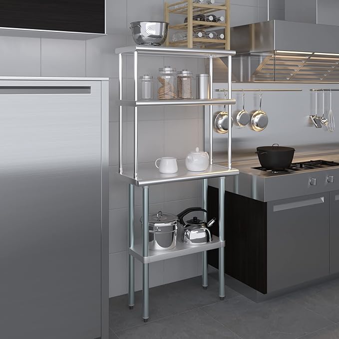 Amgood Stainless Steel Work Table Double Tier Overshelf (14" x 30" Work Table + 12" Overshelf)