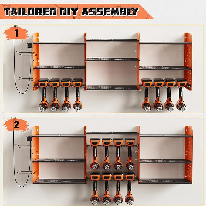 Power Tool Organizer with Charging Station Wall Mount, 3 Layer Expanded Heavy Duty Garage Organization, 45.5 Inch Length Garage Tool Storage, 8 Drills, 2 Assemble Method, Orange