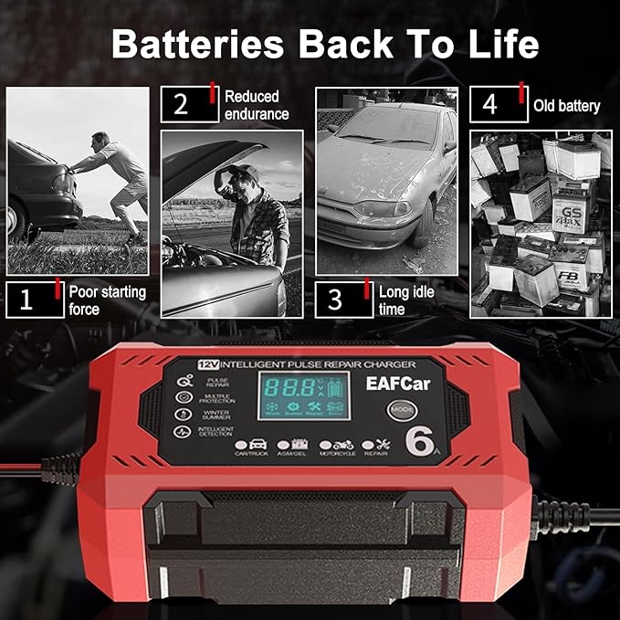 6-Amp Battery Charger, 12V Trickle Charger Car Battery Charger, Smart Automatic Lead Acid Charging with Temperature Compensation for Car Truck Lawn Mower Boat Marine(6A)