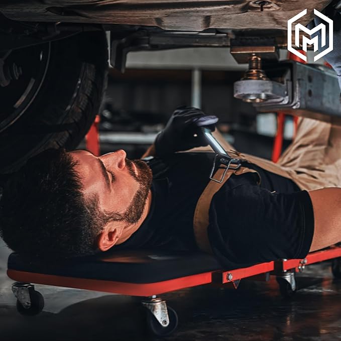 M-AUTO Heavy-Duty Automotive Creeper with 3-leves Adjustable Headrest, 42.5" Padded Metal Frame Creeper with Tools Tray for Garage Shop, 6 Noiseless Casters 300LBS Capacity, Red