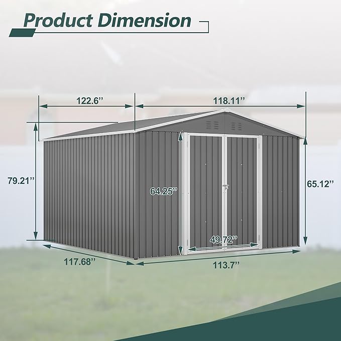 10x10 FT Outdoor Storage Shed, Large Metal Tool Sheds with Updated Frame Structure and Lockable Doors, Garden Shed for Backyard Garden Patio Lawn