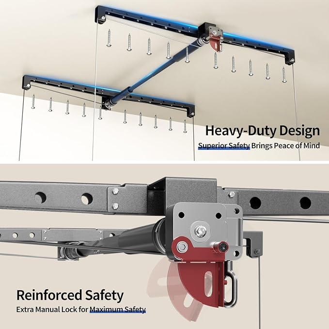 Overhead Garage Storage Rack, Heavy-duty 4x4 Ft Ceiling Storage Racks with Safety Lock, Ideal for Garage Storage Mounted Lift System and Storage Organizer, 250lbs Capacity