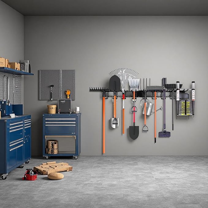 ELEAD 48 Inches Garage Storage, Garage Organization, Garden Tool Organizer Wall Mount, 9 Adjustable Heavy Duty Metal Hooks, Holds Up to 730 lbs, Yard Tool Organizer for Garden, Yard, and Shed