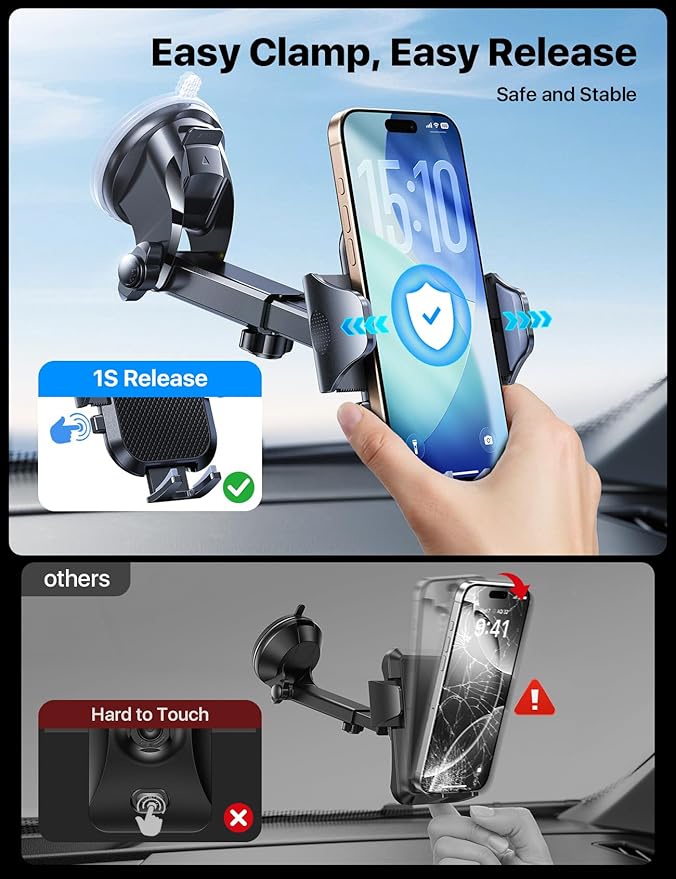 andobil Car Phone Holder Mount (Strong Suction&Bumpy Road Stable) Phone Holders for Your Car, Cell Phone Car Mount for Windshield Dash Vent Truck Cradle Stand for iPhone 16 15 Pro Max 14 13 12 Samsung