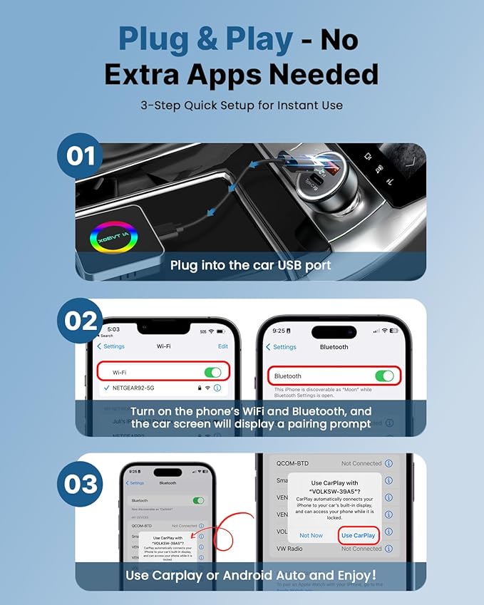 Sehawei Wireless CarPlay & Android Auto Adapter 2025 - Built-in Netflix, YouTube & TF Card Slot - Plug and Play, Convert Wired to Wireless - Compatible with 2015+ Cars, iOS 10+/Android 11+