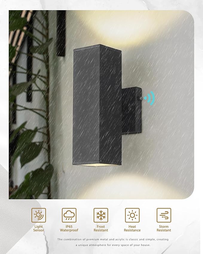 Ken & Ricky 2 Pack Dusk to Dawn Outdoor Lighting, Modern Exterior Lighting Fixtures, Aluminum Front Porch Light, Black Outdoor Wall Sconce with Glass Cover, KR3324-W-2PK-B