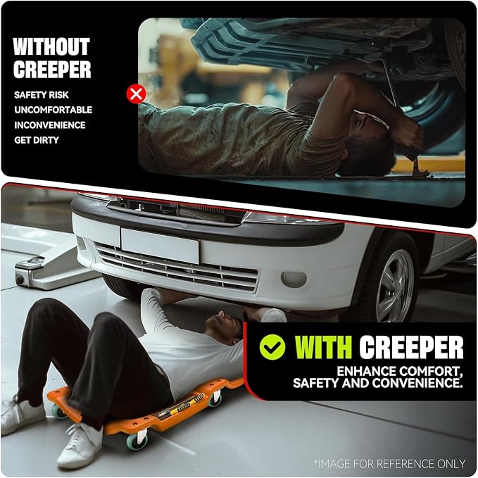 Auto Dynasty 40 Inches Mechanic Creeper, Automotive Garage Repair Low Profile Under Car Rolling Creeper with Padded Headrest, Plastic, Orange