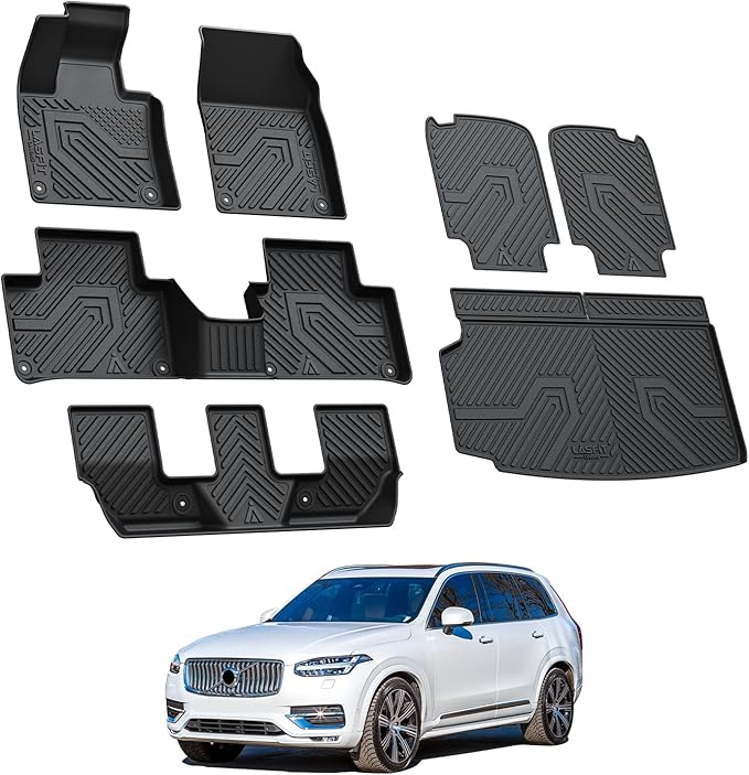 LASFIT Floor Mats & Cargo Mat & Backrest Mats for Volvo XC90 2016-2026 (Only for 7 Seats & PHEV) All Weather TPE Mats Custom Fit Floor Liner for XC90 1st & 2nd & 3rd Row Car Mats & Cargo Liner, Black