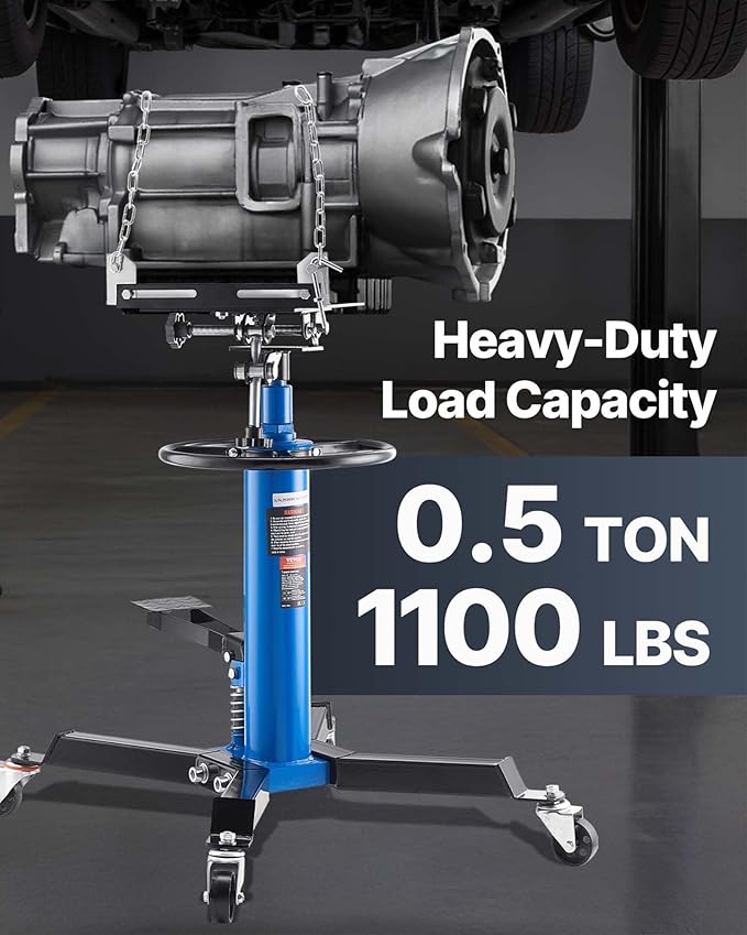 VEVOR Transmission Jack, 33"-67" High Lift, 1100 lbs Hydraulic Telescoping Transmission Jack, 2-Stage Transmission Stand 1/2 Ton Capacity with Foot Pedal, 360° Swivel Wheel, Garage/Shop Lift Hoist