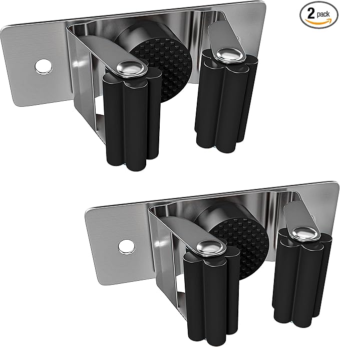 Self Adhesive Broom and Mop Holder Wall Mounted – SUS304 Stainless Steel 2-Slot Organizer with Anti-Slip Rubber Grips, 25lb Load, Adjustable for 0.6–1.4" Handles, Garage Kitchen Bathroom Use, 2 Pcs