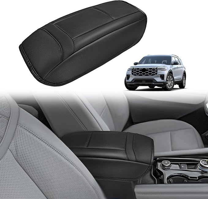 Muslogy Center Console Armrest Cover Compatible with Ford Explorer 2020-2024 2025 Comfort Armrest Pad Arm Rest Cushion Vegan Leather Protector Regular Thick