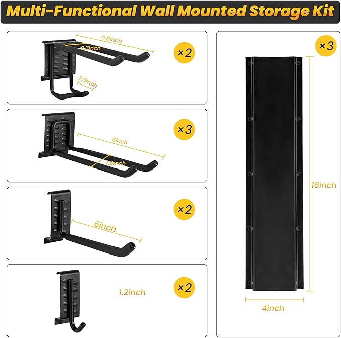 Garage Tool Organizer Wall Mount, 48-Inch Multi-Functional Garage Hooks Heavy Duty with Sliding Track, Black Coating, Non-Slip Pads, and Rubber Protectors for Garage Organization and Garage Storage