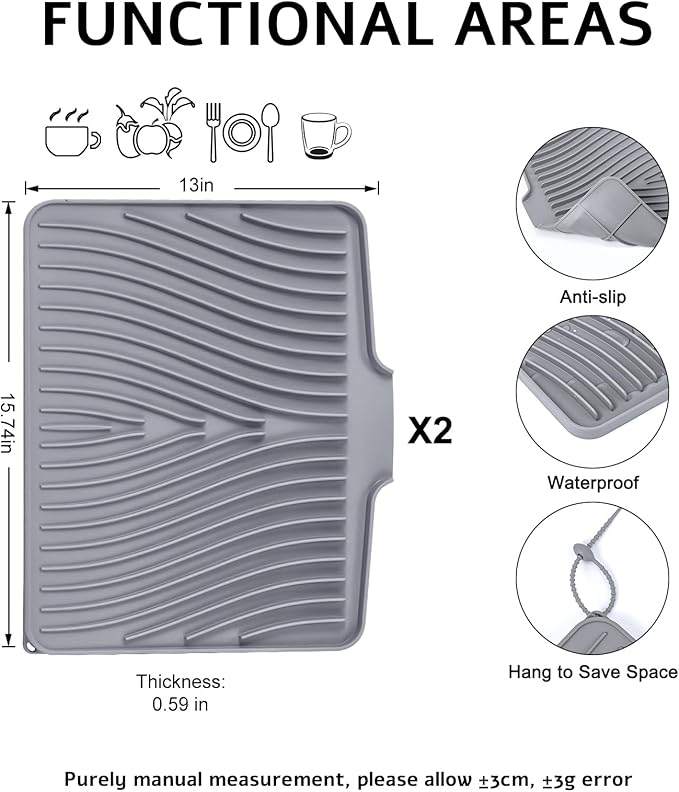 Dish Drying Mat, Stone Drying Mat for Kitchen Counter with Built-in Drain, Non-Slip Drying Matt Kitchen Counter, Heat Resistant Silicone Drying Mat, 2 Pcs(15.8"X 13", Grey)