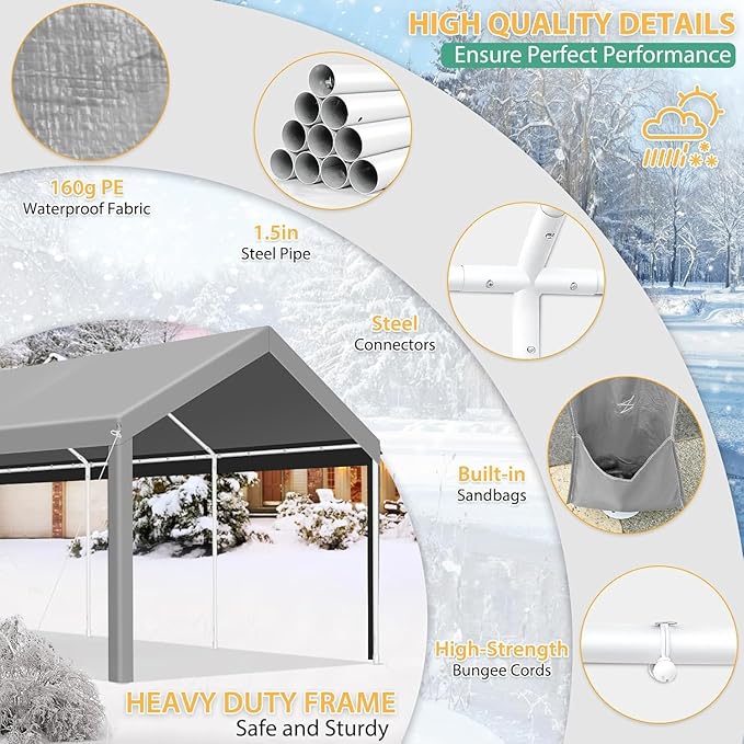 COBIZI Carport 10x20ft Heavy Duty Portable Garage, 2.0 Powder Coated Frame(Better Than Galvanized), Waterproof Shelter with Removable Sidewalls & Windows, Built-in Sandbags, for Car/Boat/SUV, Gray