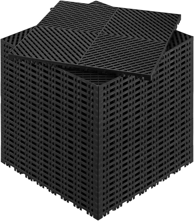 VEVOR Interlocking Drainage Mat, 15.7” x 15.7” Modular Interlocking Cushion, 24 Pcs Splicing Drainage Mats, Non-Slip Black PP Drainage Floor Tile and Shower Mat, for Garage, Garden, Kitchen & Outdoor
