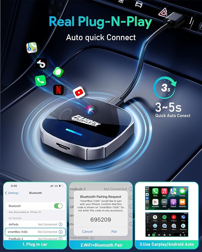FAHREN Wireless CarPlay Adapter for iPhone& Android Auto, Support Netflix/YouTube, Mini Android Auto Wireless Adapter, Plug & Play,Only Fit with The 2018+ Cars with OEM Wired CarPlay
