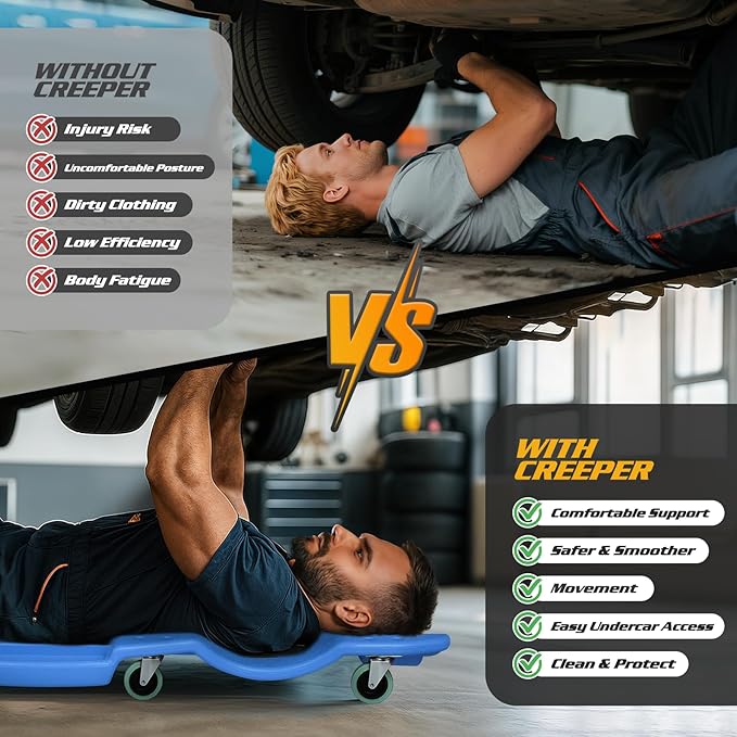 Magshion Mechanic Creeper with Padded Headrest & Tool Trays – 440 lbs Capacity, Rolling Garage Creeper with 6 Swivel Wheels, Lightweight & Portable Under Car Creeper for Auto Repair (Blue)