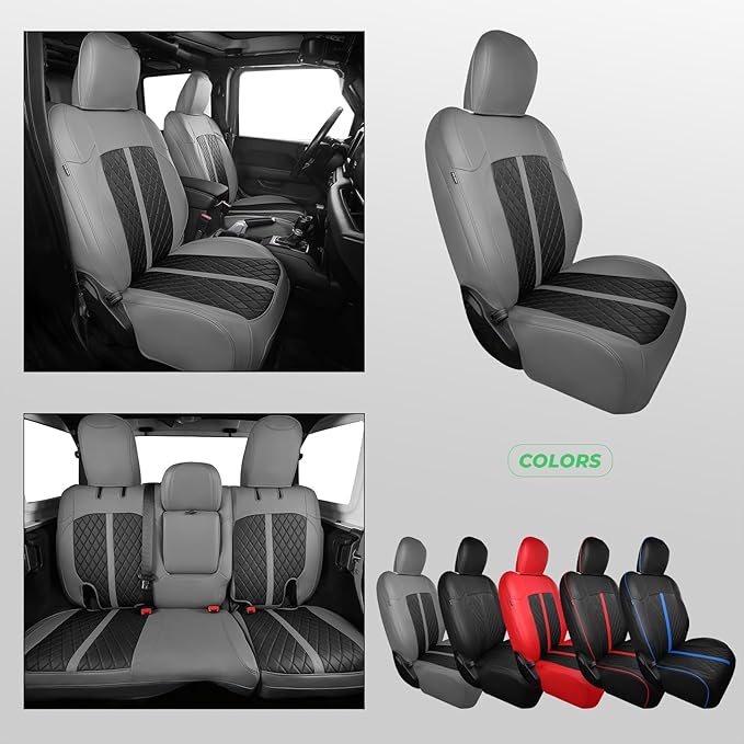 for Jeep Wrangler Seat Covers 4Door JL 2018 2019 2020 2021 2022 2023 2024 2025, Custom Fit Car Seat Cover Full Set, Luxury Waterproof Leather Seat Protectors, Gray Black, With Rear Cup Holder
