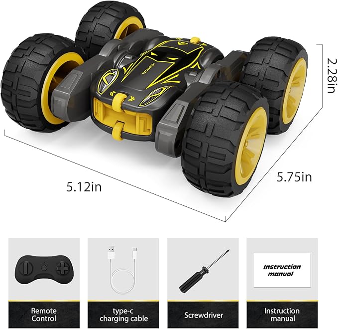 Tecnock Remote Control Car for Kids, 2.4GHz RC Cars with USB-C Easy Charging, 4WD Double Sided 360° Rotates and Flips RC Stunt Car, Toys Gift for Boys and Girls