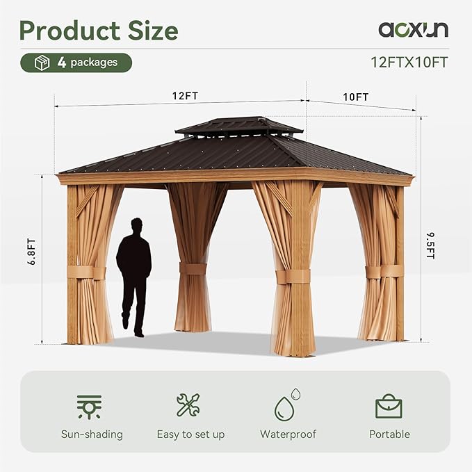 Aoxun 10' x 12' Hardtop Gazebo, Wooden Finish Coated Aluminum Frame Canopy, Galvanized Steel Double Top, Outdoor Permanent Metal Pavilion with Curtains and Netting, for Backyard, Patio and Deck