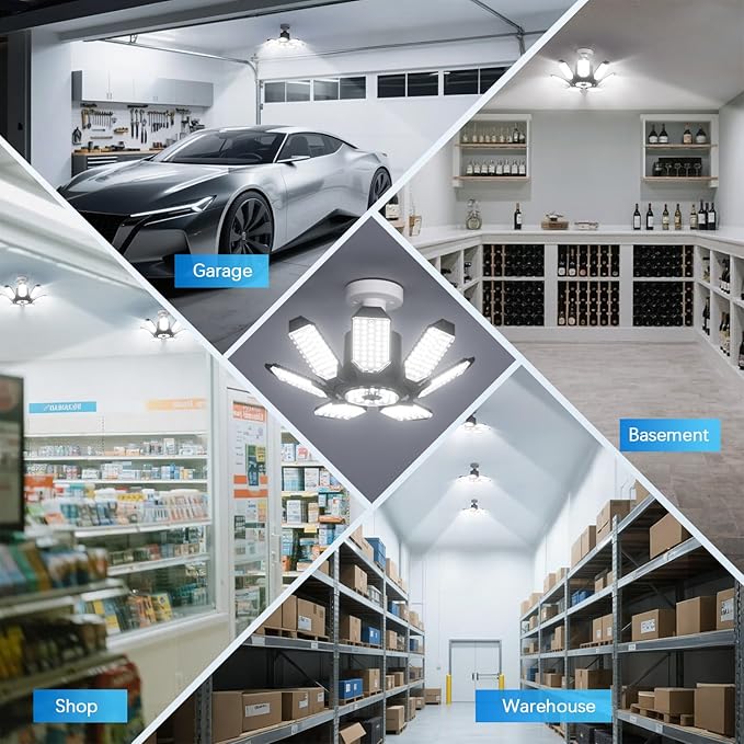 TANBABY Garage Lights, 250W Deformable Ceiling LED Shop Lights, 20000LM LED Light 6500K Garage Lighting 7+1 Adjustable Panels Bulb