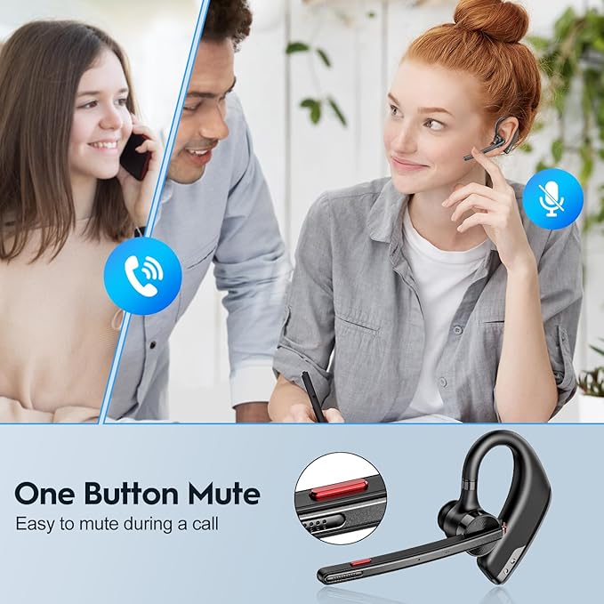 New bee Bluetooth Headset, Wireless Bluetooth Earpiece for Cellphone with 500mah Charging Case 80h Playtime V5.2 Dual Mic Noise Cancelling Hands-Free Earphones for Office Driver