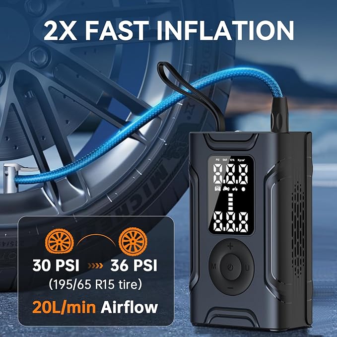 Tire Inflator Portable Air Compressor, Air Pump for Car Tires, 150PSI 20000mAh & 2X Faster Auto Tire Inflator with LED Light, LCD Display, Electric Air Pumps for Car Motorcycle Bike Balls