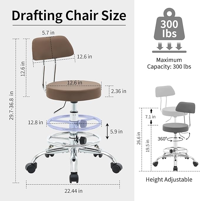 Office Drafting Chair (Rolling Office Stool) (Adjustable Height Footrest Massage Chair 19.56’’-26.6’’) Lab Stool with Back (Coffee Brown)
