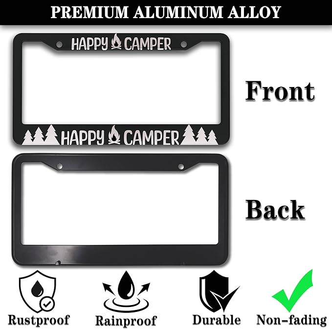 License Plate Frames Black and White Metal License Plate Frame Happy Camper with Campfire Universal Aluminum Car Accessory 2 Pack with Screw Covers Set