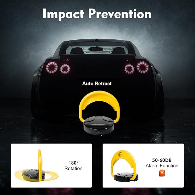 65.6FT Automatic Remote Control Parking Spot Lock, Yellow Parking Barrier Waterproof, Parking Spot Blocker with 180 ° Rotating Rocker Arm, Withstand Up to 4410 lbs(Battery Not Included)