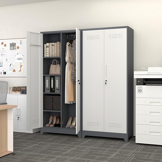GREATMEET 72.8" Broom Storage Cabinet, Utility Cabinets for Brooms and Mops, Metal Storage Cabinets for Cleaning Supplies, Utility Closet for Garage, Grey&White