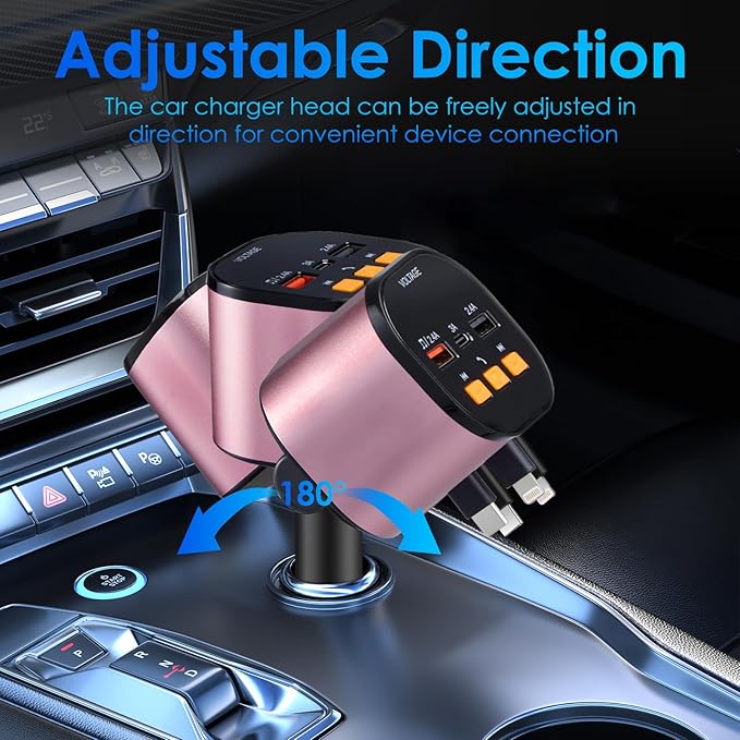 Retractable Car Charger,5 in 1 Fast Car Phone Charger 90W,Bluetooth 5.3 FM Transmitter Adapter,Handsfree Call,2 Retractable Cables and USB Cars Chargers for iPhone 15/14/13 (Pink)