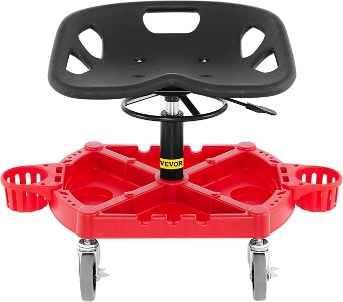 VEVOR Rolling Garage Stool, 300LBS Capacity, Adjustable Height from 18 in to 23 in, 360-degree Swivel Wheels (4"), Large Tool Tray with Two Bottle Holder, for Workshop, Auto Repair Shop, Red