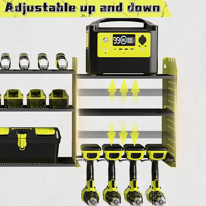 Power Tool Organizer with Charging Station Wall Mount, 3 Layer Expanded Heavy Duty Garage Organization, 45.5 Inch Length Garage Tool Storage, 8 Drills, 2 Assemble Method, Green