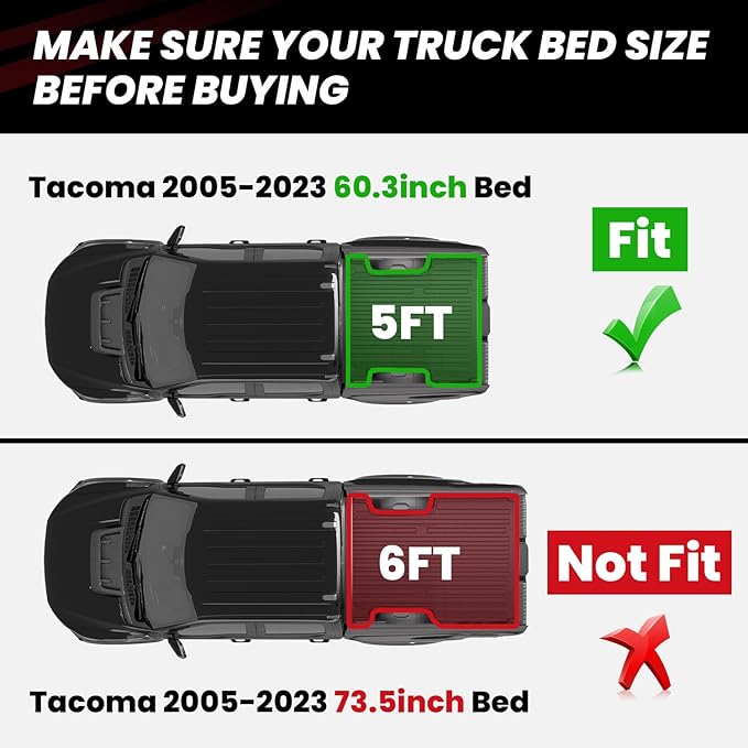 LASFIT Bed Mat for Toyota Tacoma (5FT,61.3'' Bed) 2023 2022 2021 2020 2019-2005 Truck Bed 5 ft, All Weather TPE Car Bed Liner for Toyota Tacoma Accessories Truck Mat &Cargo Liner, Black