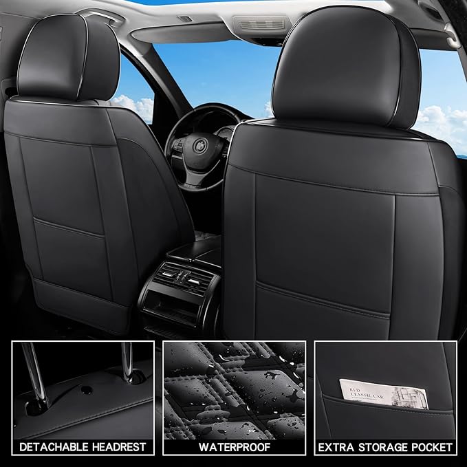 Car Seat Covers Full Set, Leather Seat Covers for Cars, Car Seat Protector Waterproof, Non-Slip Car Interior Covers Fit for Most Cars, SUV, Vans, Trucks,5Seaters,Full Set,Black