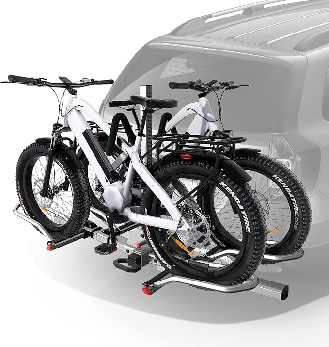 KYX 220 lb Hitch Mounted E-Bike Rack, 2-Bike Rack Platform Style for Cars Trucks SUVs Minivans, fits MTB Gravel Road Bike with Up to 5-inch Fat Tire Carrier Rack - 2" Hitch Receiver (Aluminum)