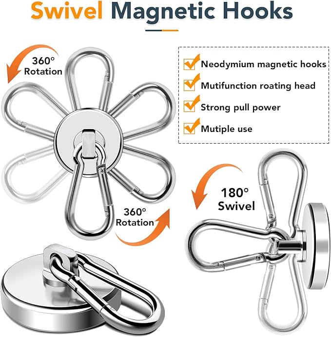 MIKEDE Strong Magnetic Hooks, 150LB Neodymium Heavy Duty Magnets with Swivel Carabiner Hook, Magnetic Hangers for Locker, Kitchen, Cruise Cabin, Office - 10 Pack