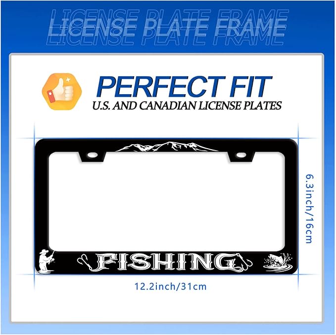 Fishing License Plate Frame Personalised License Plate Stainless Steel Funny Fish License Plate Holder for Men Women Universal Black Car Accessories Decoration 12.3" x 6.3"