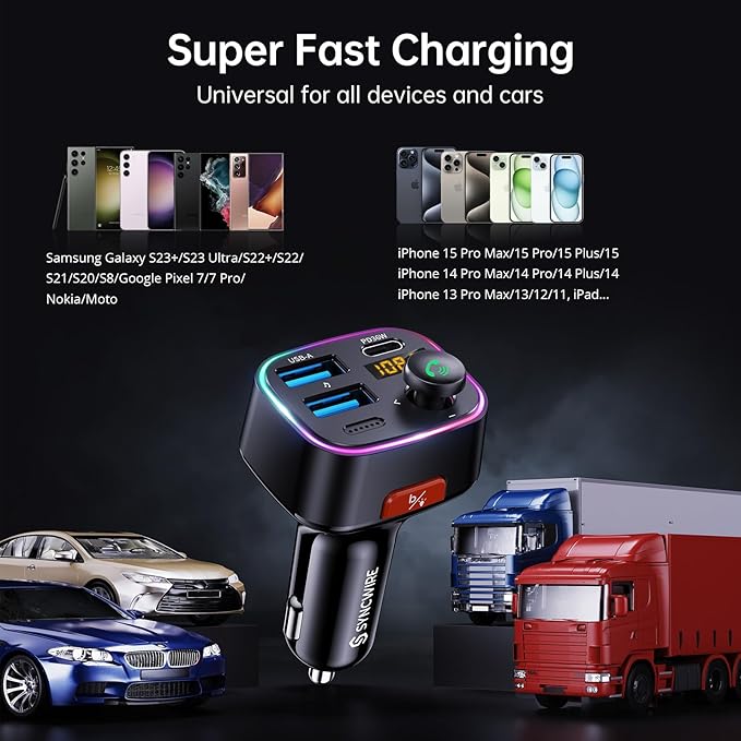 Syncwire Bluetooth 5.4 FM Transmitter Car Adapter 48W (PD 36W & 12W) [Light Switch] [HiFi Bass Sound] [Fast Charging] Wireless Radio Music Adapter LED Display Hands-Free Calling Support USB Drive