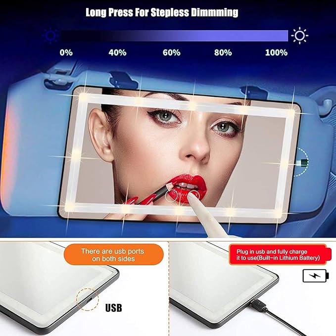 Car Sun Visor Vanity Mirror, Makeup Mirror with 3 Light Modes & 60 LEDs Rechargeable Led Light Car Mirror with Dimmable Touch Screen, Rear View Sun-Shading Travel Cosmetic (Black, 1 Pack)