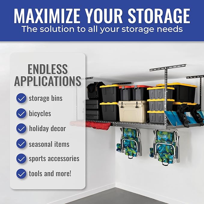 SafeRacks Overhead Storage Rack - Heavy Duty, 600 lb Capacity, Adjustable, Ceiling Mount for Garage 4x8 Hammertone (12"-21")