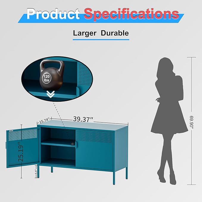 2 Door Storage Sideboard, Metal Storage Cabinet with 2 Adjustable Shelf,Multipurpose Metal Accent Cabinet for Office Home,Music Studio (Peacock Blue, 25''H)