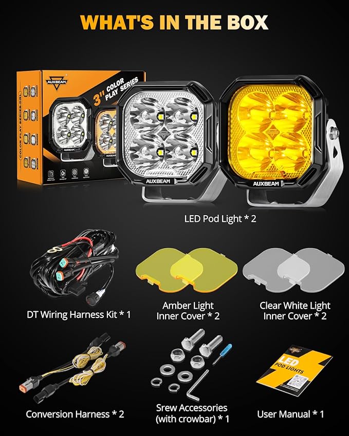 Auxbeam Color Play Series 3" LED Pod Lights, Offroad Spotlights with Amber White DRL & Turn Signal 11600LM Super Bright Square 100W Spot Beam Fog Cube Ditch Lights for Jeep ATV UTV, 2 Years Warranty