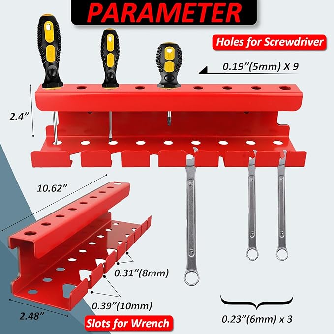 MUTUACTOR Magnetic Wrench Holder Heavy Duty,Anti-scratch Magnetic Mount Screwdriver Holders, 2 Layers Wrench Screw Drivers Holder for Work Bench Toolbox Tool Cart,1PCS,Red,9 Holes and 7 Slots
