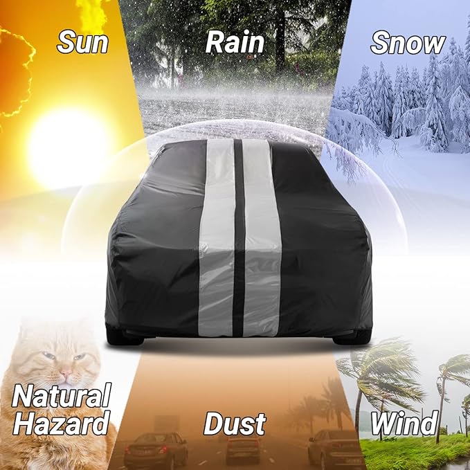 iCarCover Custom Car Cover for 1964-1968 Ford Mustang Waterproof All Weather Rain Snow UV Sun Protector Full Exterior Indoor Outdoor Car Cover (Stripe - Black/Gray)